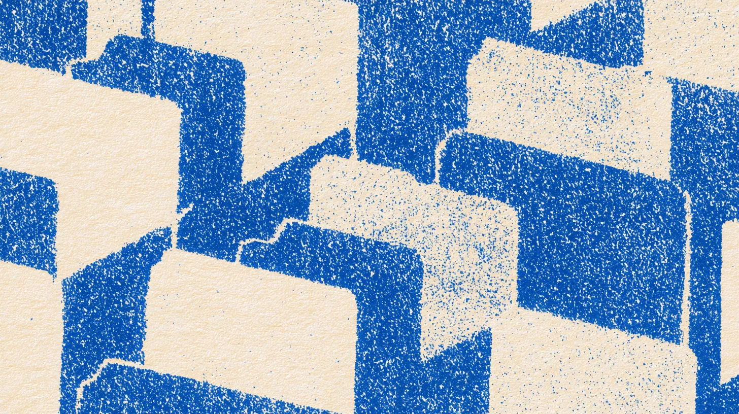 Riso print of rows of folder tabs and filing drawers, blue on cream