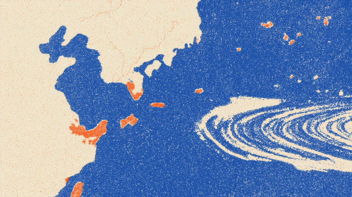 Riso print of a map whose regions dissolve into dotted gaps and missing coastlines