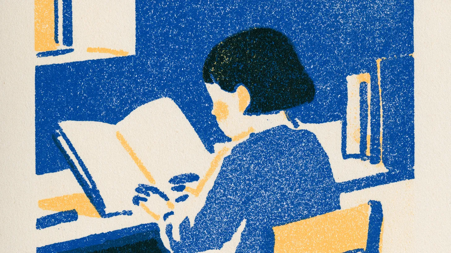 Riso print in blue and gold: a girl alone at a desk, reading an oversized book among shelves