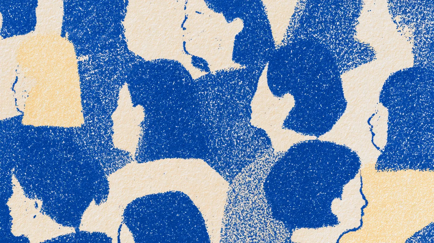 Riso print of overlapping silhouettes of women writers, layered blue on cream