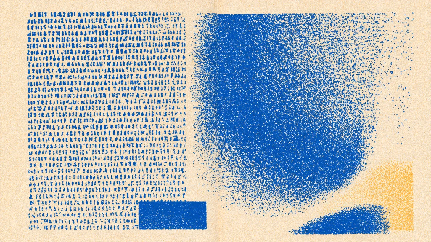Riso print of two facing pages whose text dissolves into a cloud of blue ink