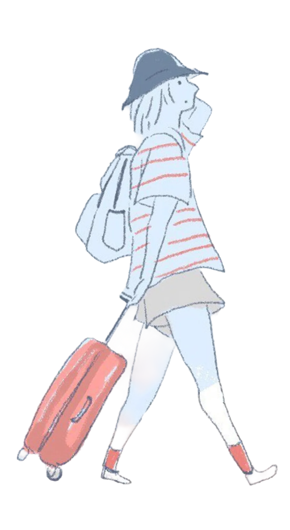 A drawing of me mid-stride, luggage in tow