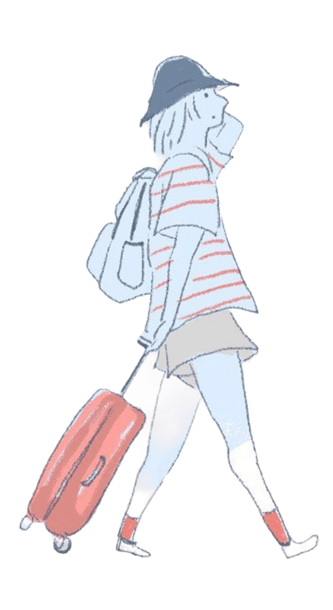 A drawing of me mid-stride, luggage in tow