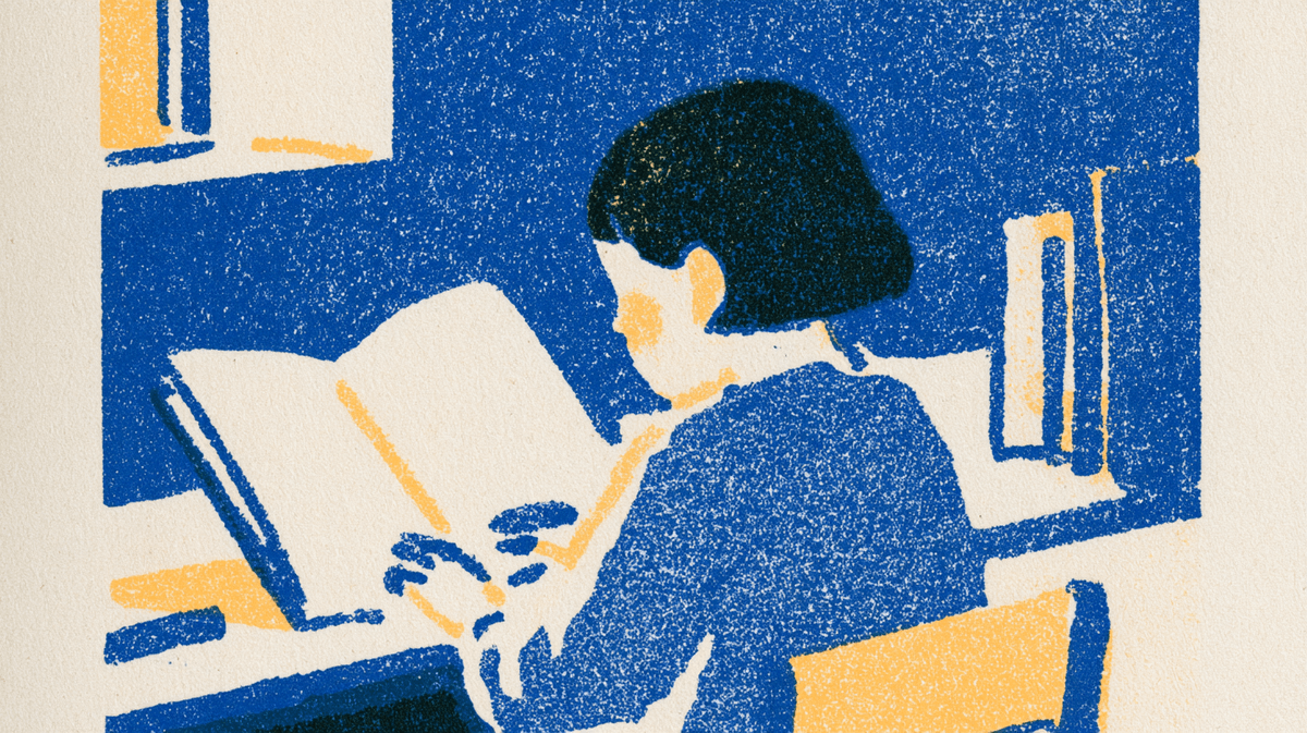 Riso print in blue and gold: a girl alone at a desk, reading an oversized book among shelves