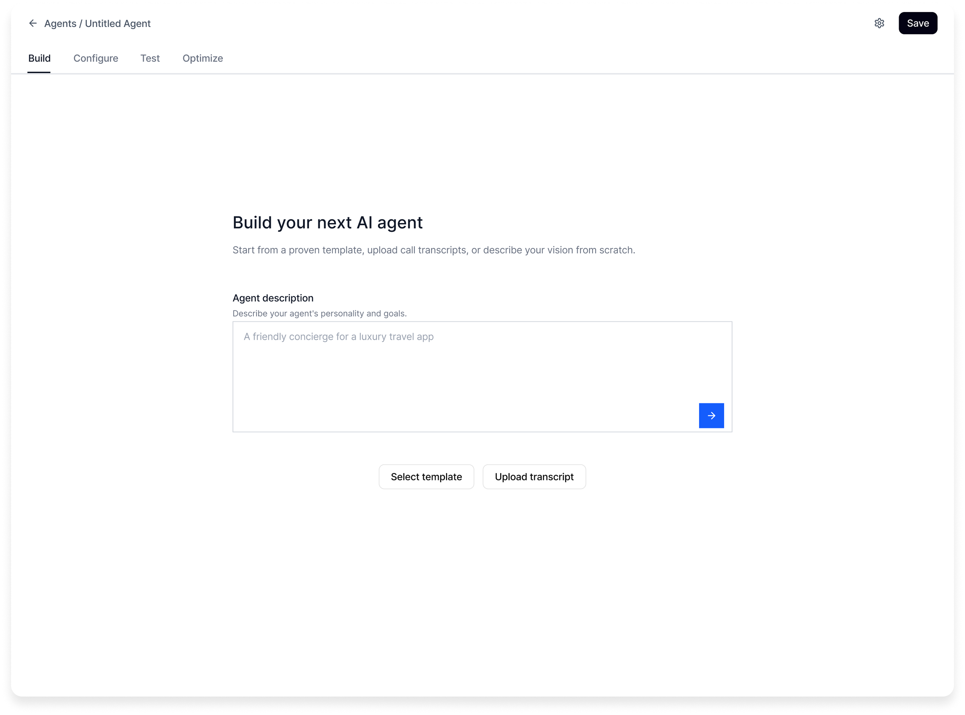 The Build tab — describe your agent from the main idea