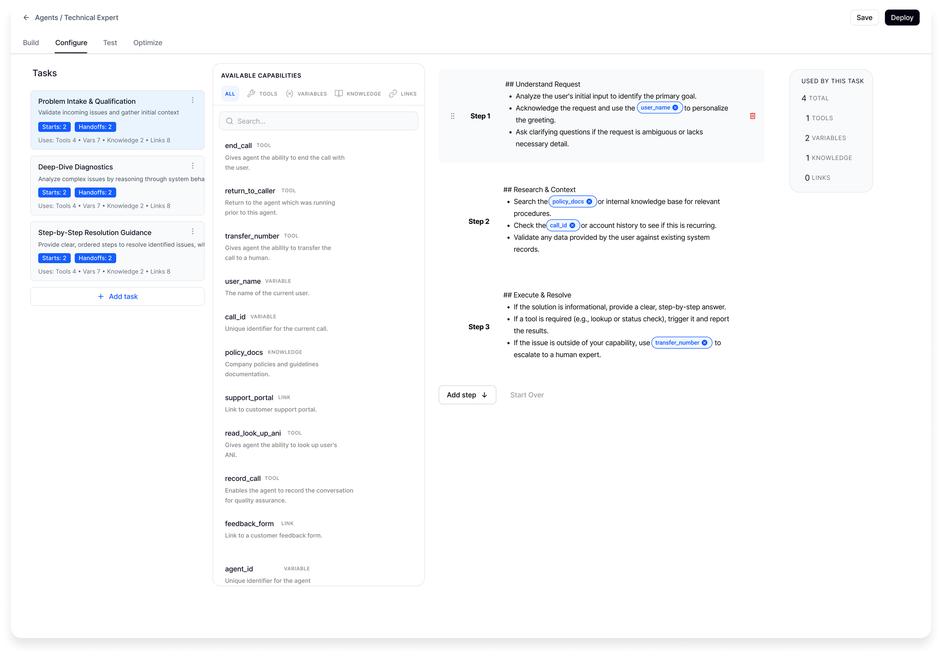 The Configure tab — tasks, capabilities, steps